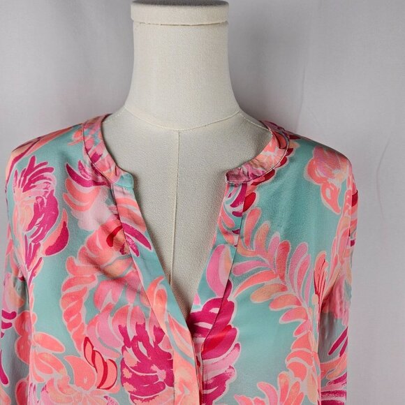 Lilly Pulitzer Stacey Silk Top Blouse Small Long Sleeve Pink Blue - Picture 7 of 14